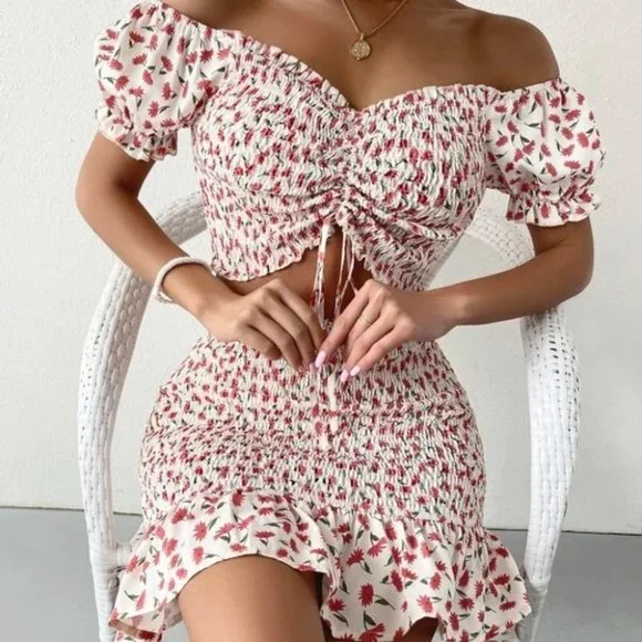 Boho chic Floral  Ruched Shirred Bodice Crop Top & skirt set - Picture 5 of 8